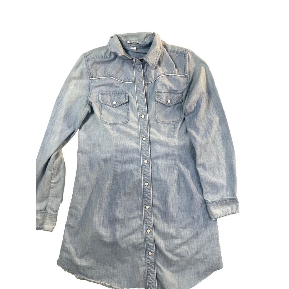 Eze Sur Mer Chambray Tunic Shirt Dress Womens M Western Pearl Snap Fringe Hem